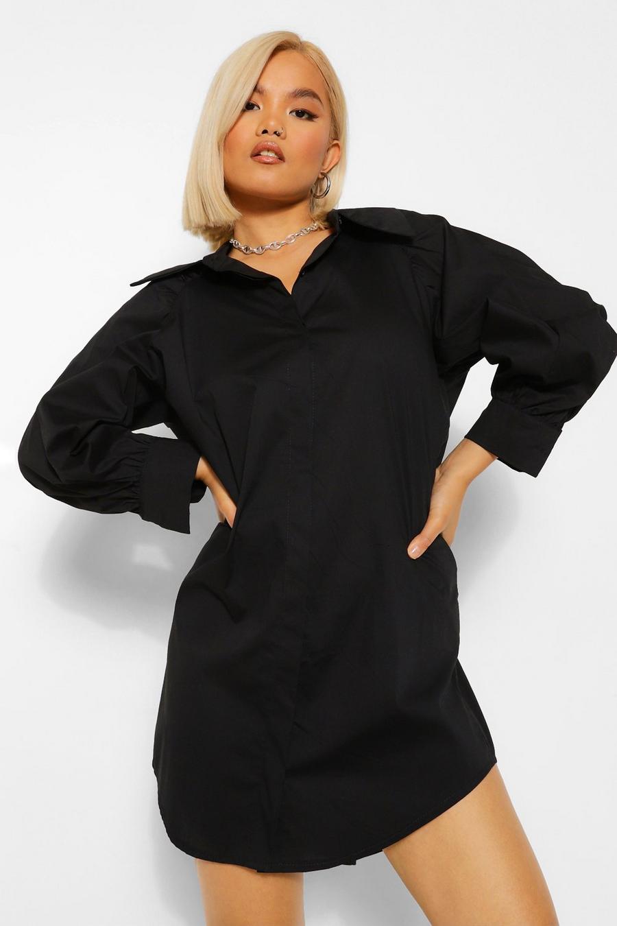 Black svart Petite Extreme Collar Ruched Sleeve Shirt Dress image number 1