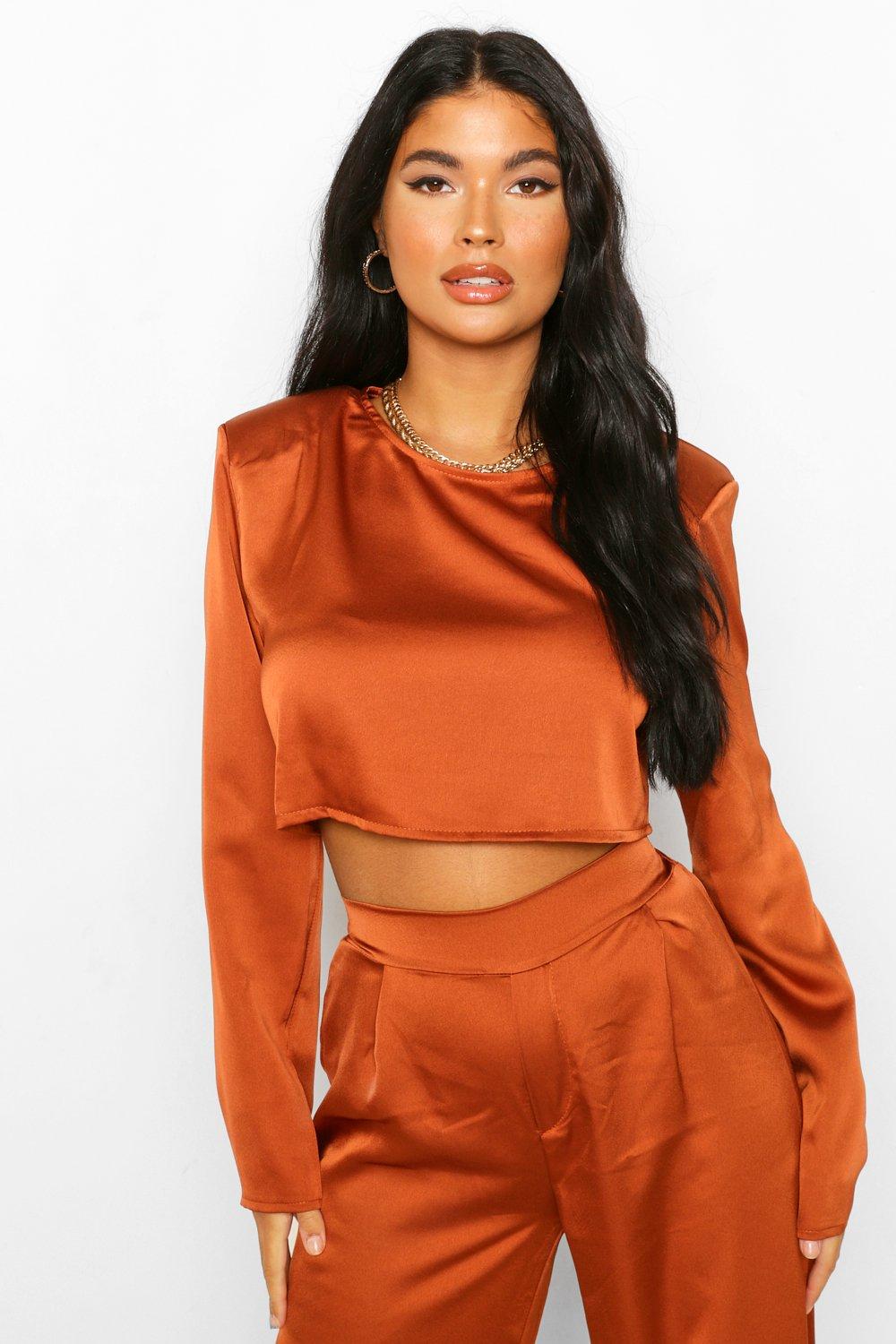 satin long sleeve crop top