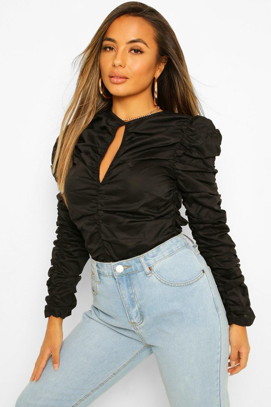 Black Petite Woven Ruched Front and Sleeve Blouse image number 1