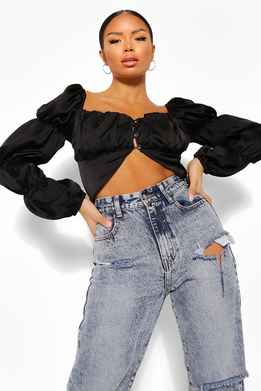 Black Petite Ruched Satin Volume Sleeve Crop Top image number 1