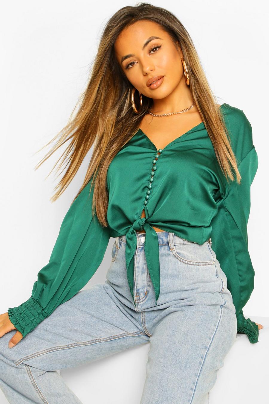 Emerald Petite Satin Volume Sleeve Tie Front Blouse image number 1
