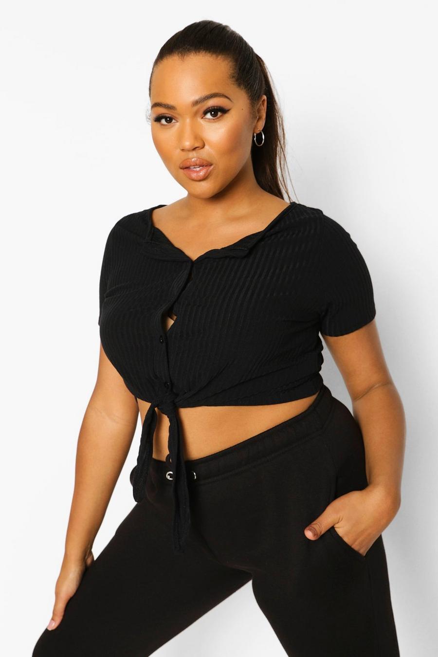 Black Plus Button Up Tie Front Soft Rib Crop Top image number 1