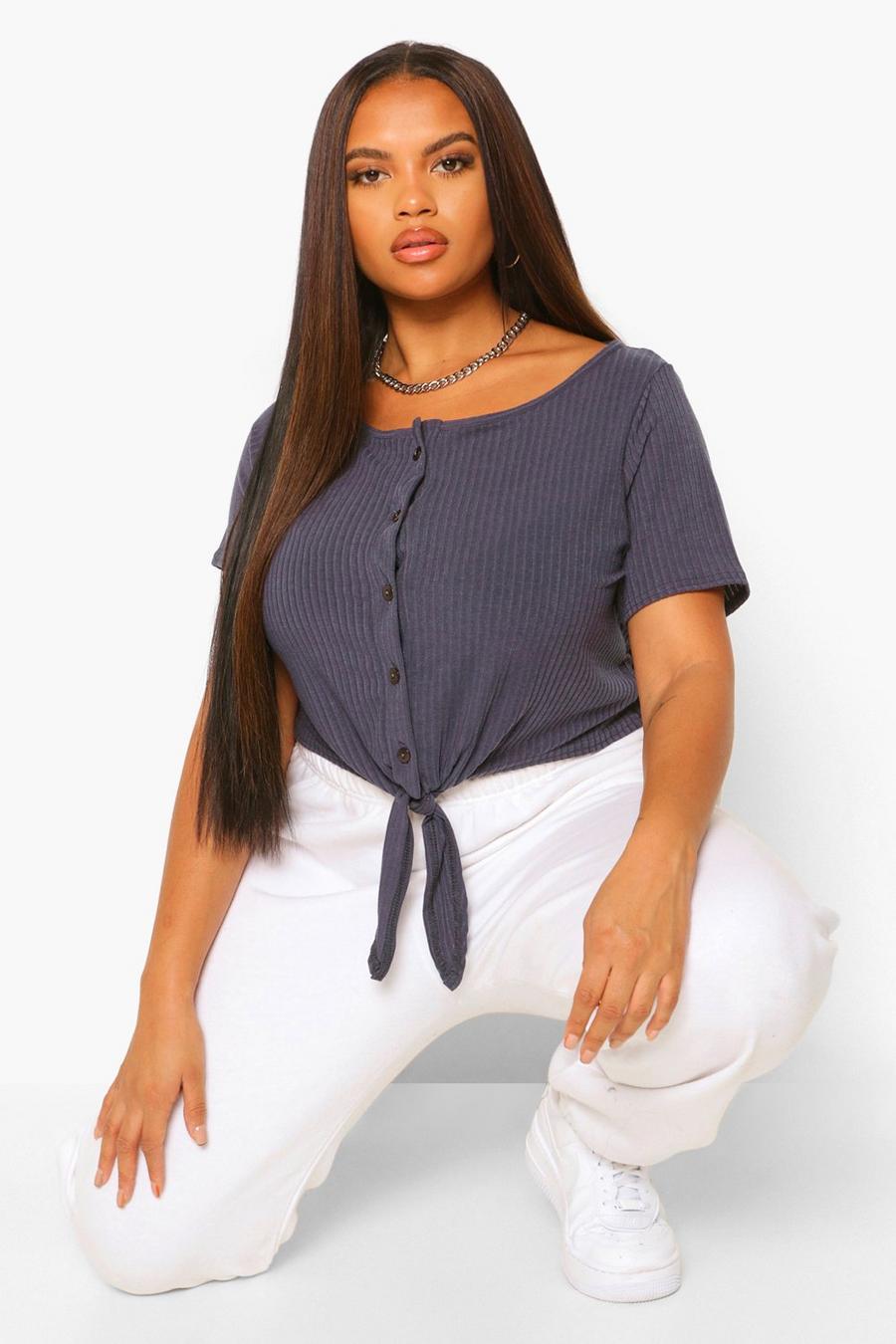 Petrol Plus Button Up Tie Front Soft Rib Crop Top image number 1