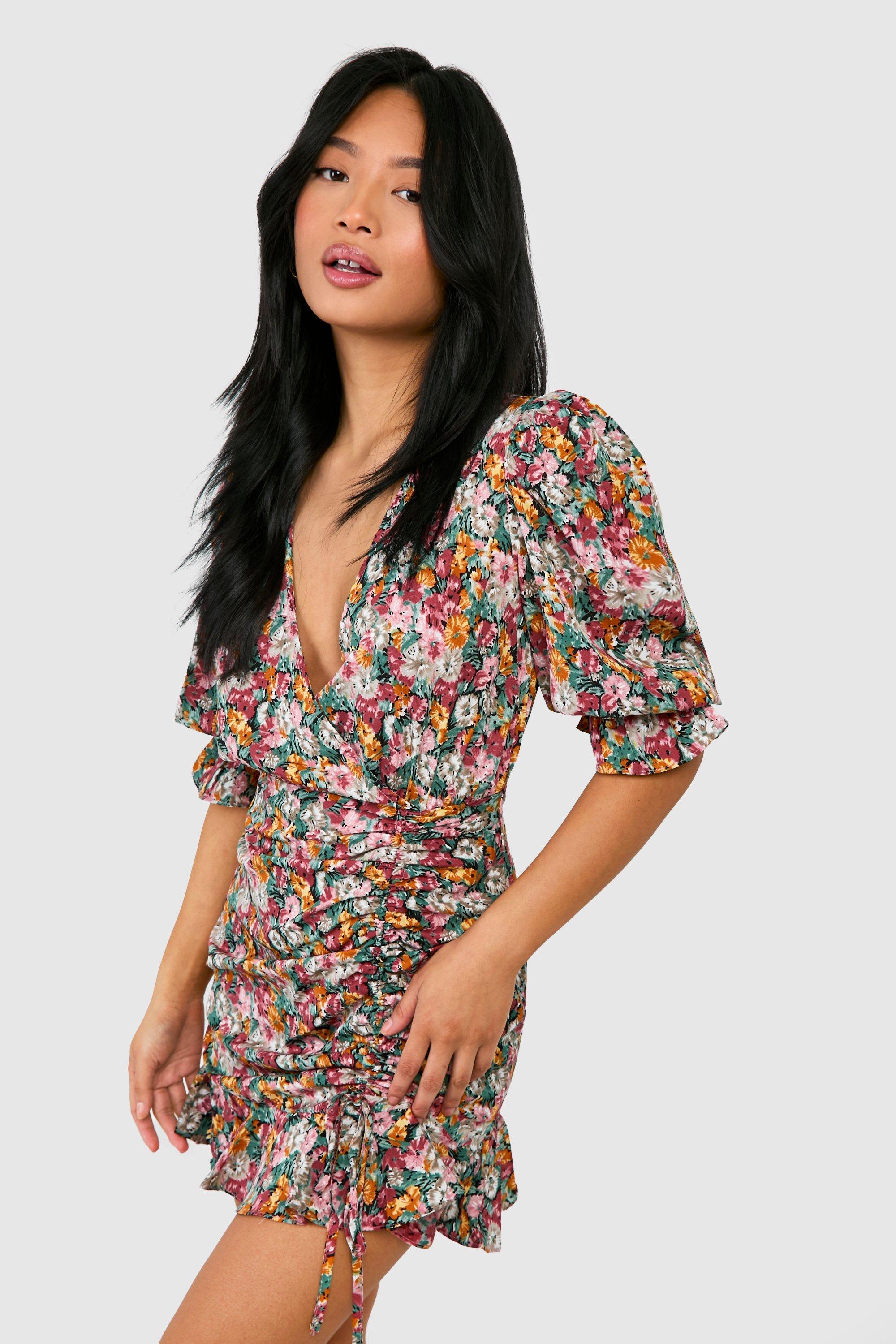 Petite Floral Ruched Wrap Dress boohoo IE