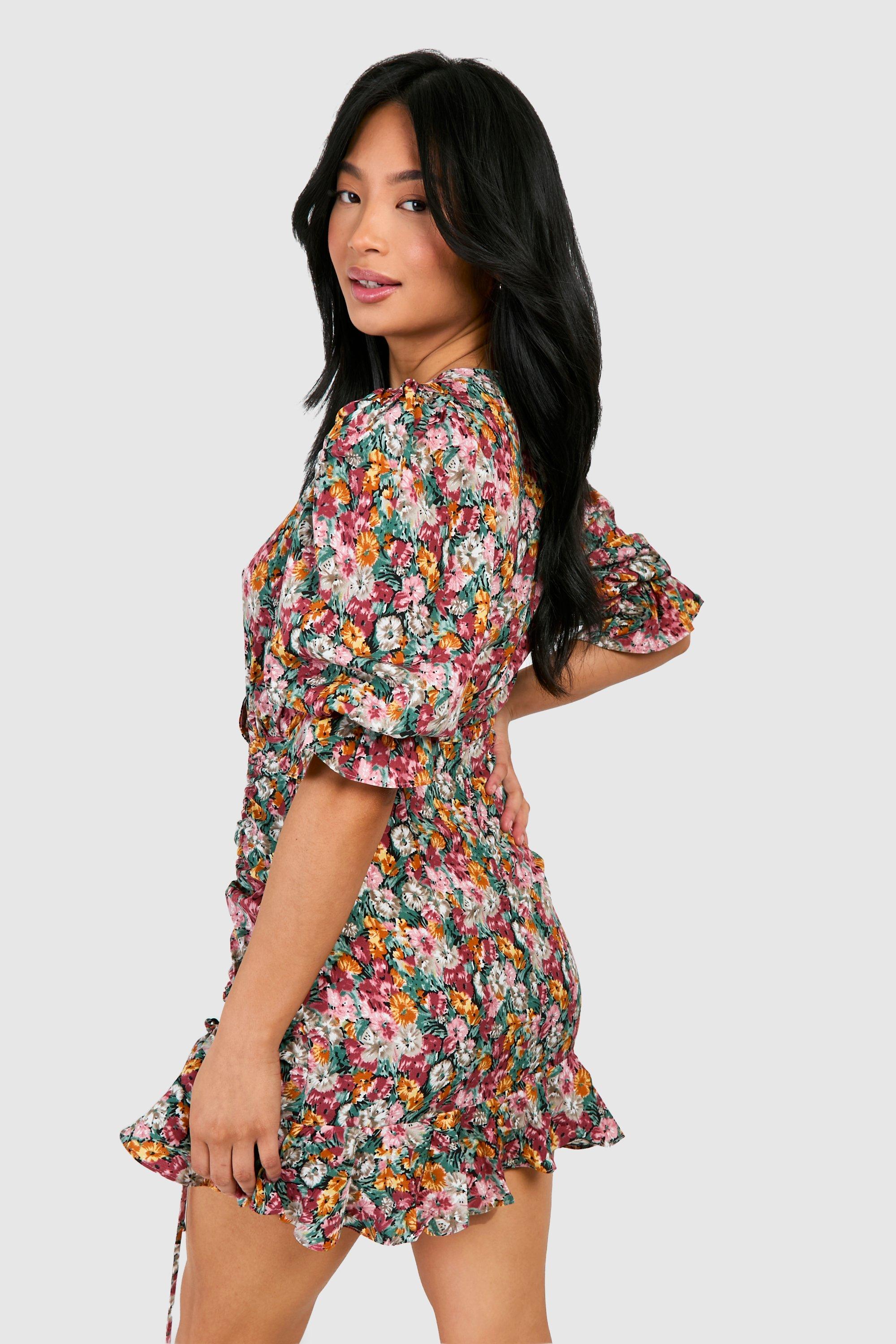 Petite Floral Ruched Wrap Dress | boohoo