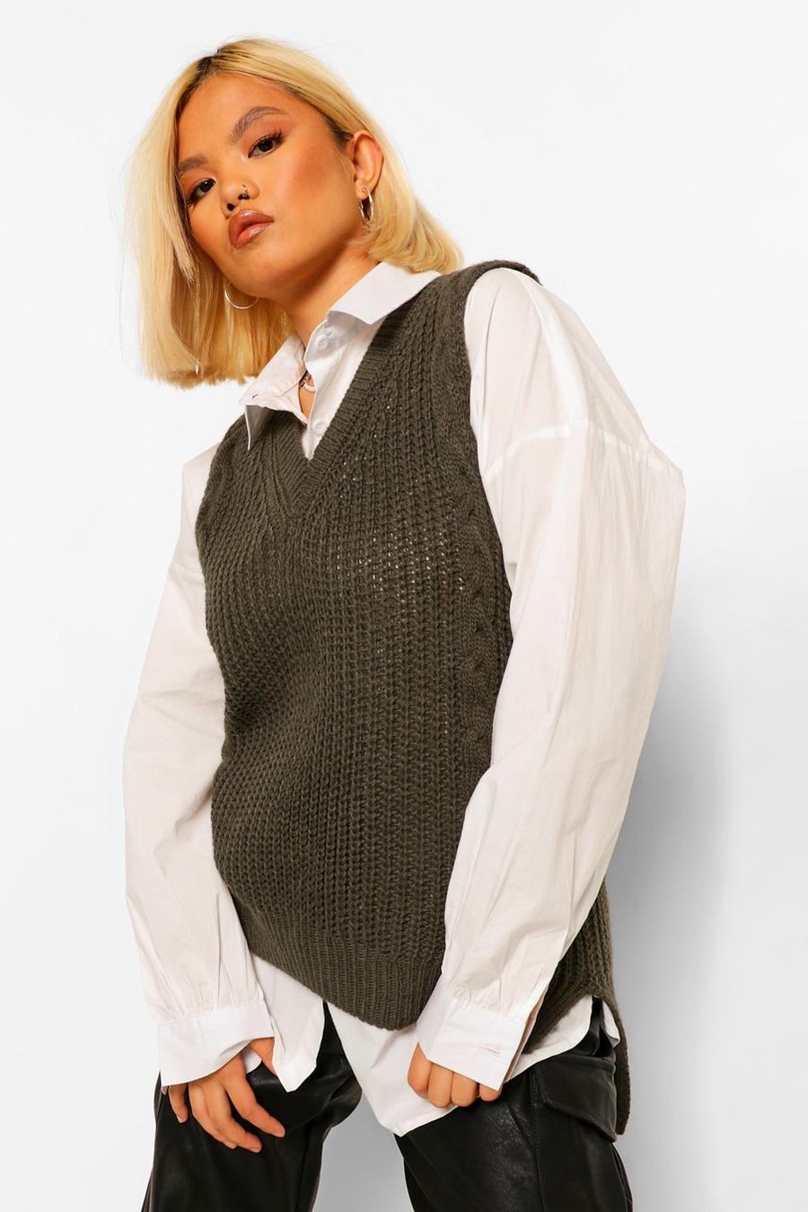 Khaki Petite Knitted Long Line V Neck Vest image number 1