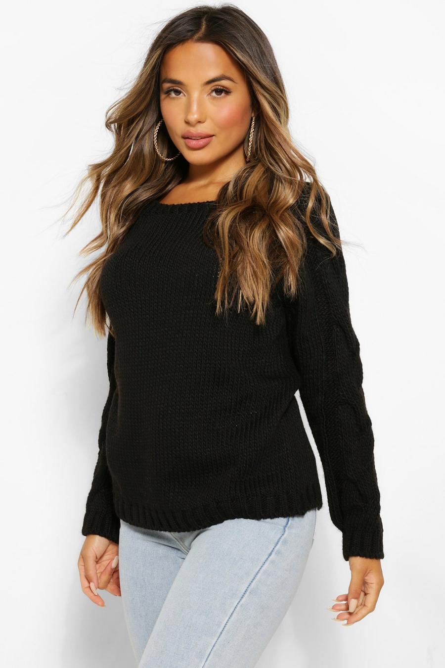 Black Petite Cable Knit Sleeve Detail Sweater image number 1