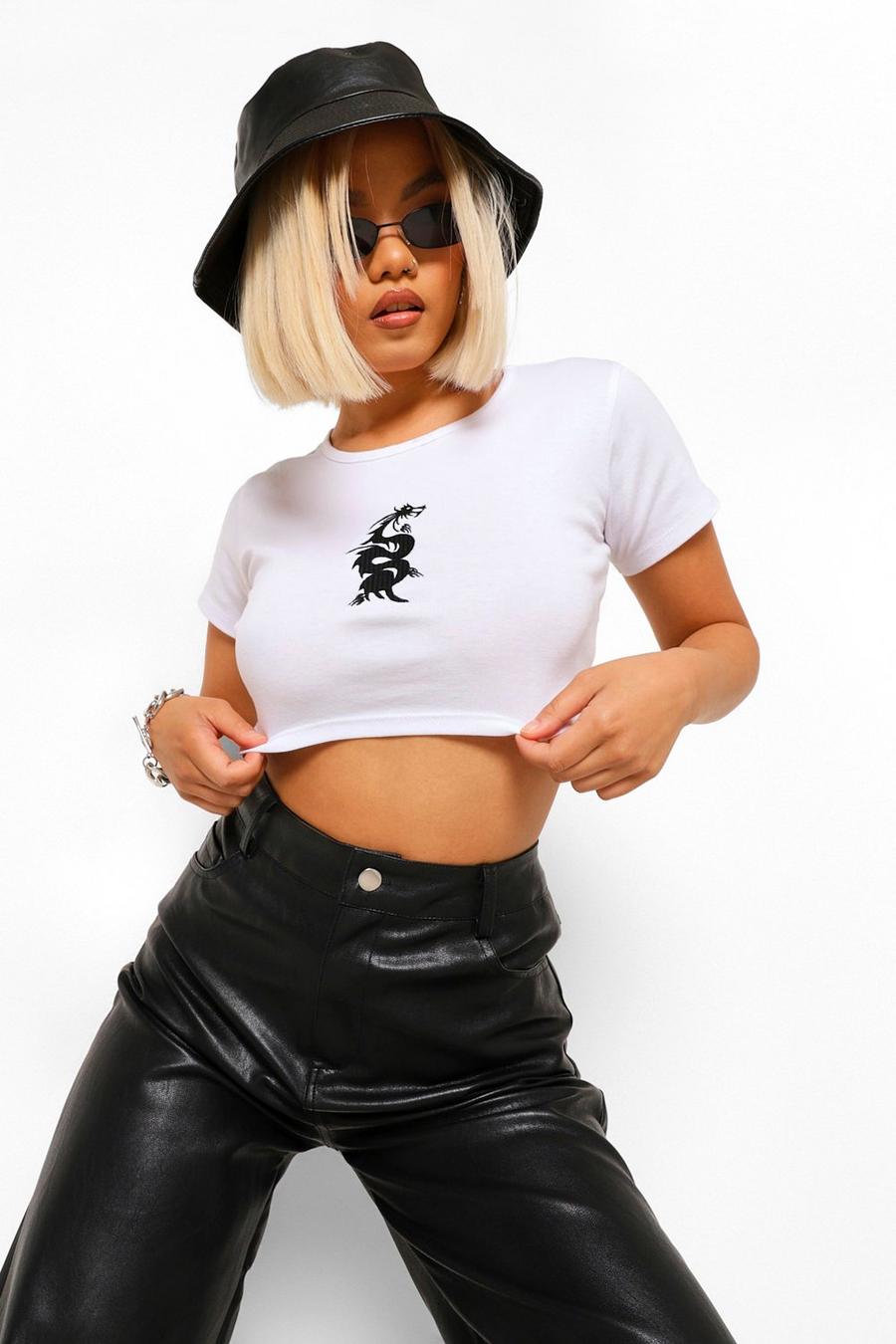White Petite Dragon Embroidered Rib Crop Top image number 1