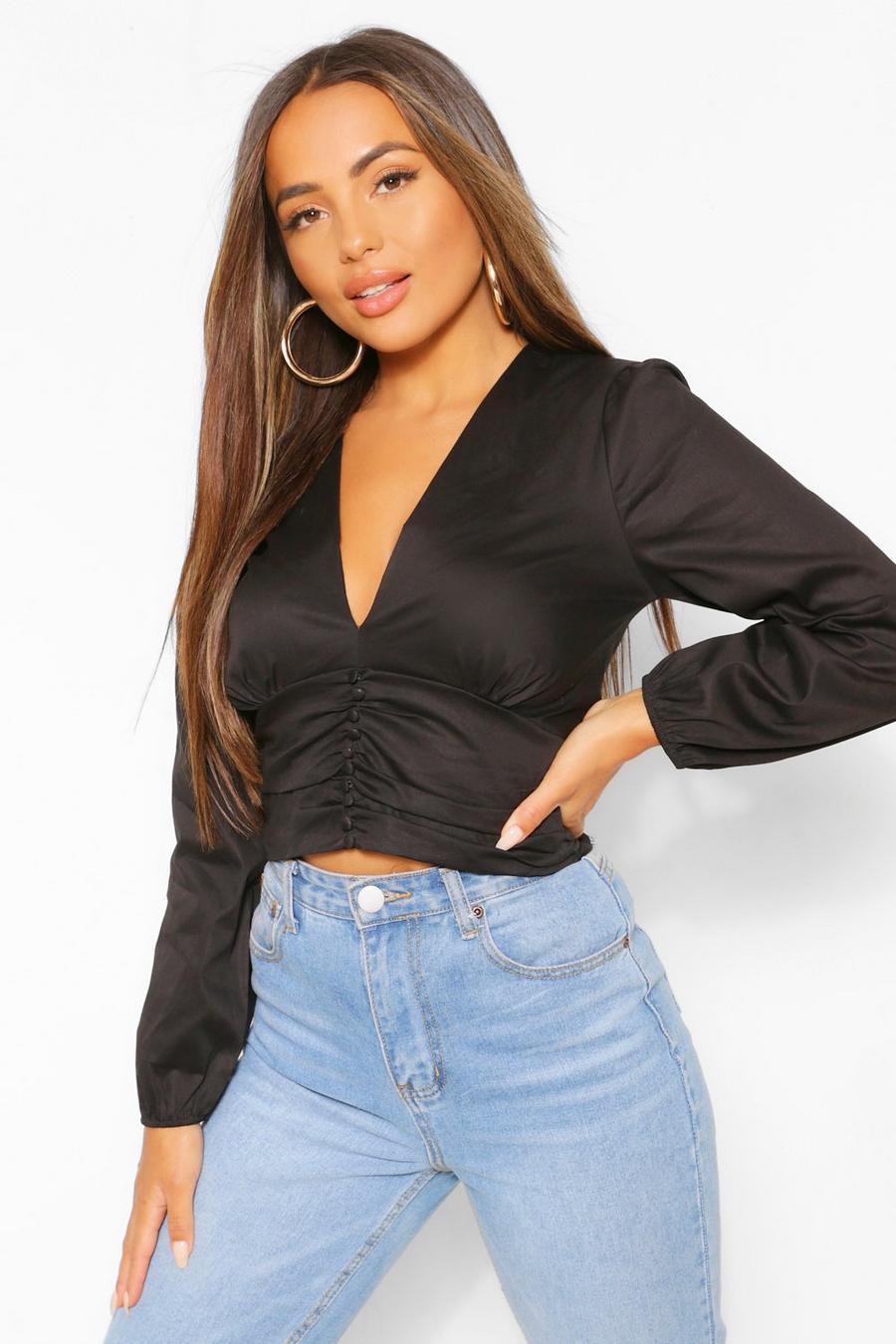 Black Petite Button Front Volume Sleeve Top image number 1