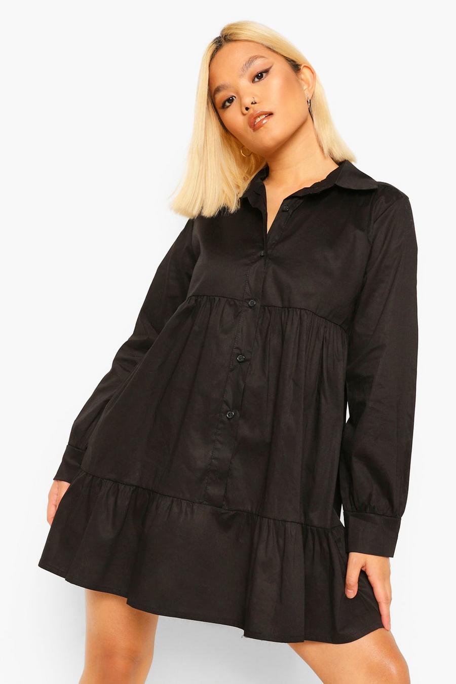 Black Petite Tiered Shirt Smock Dress image number 1
