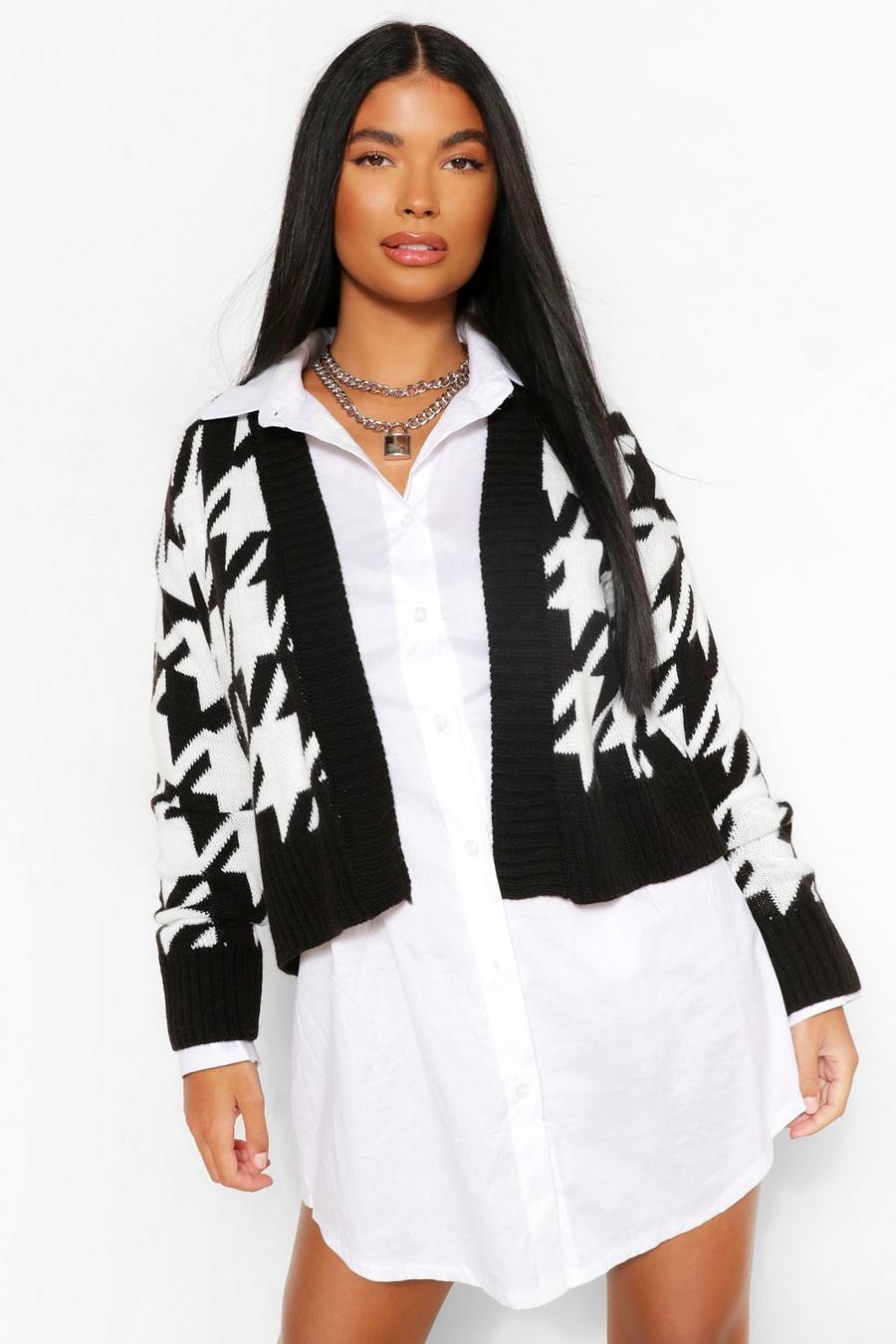 Black Petite Cropped Dogtooth Knitted Cardigan image number 1