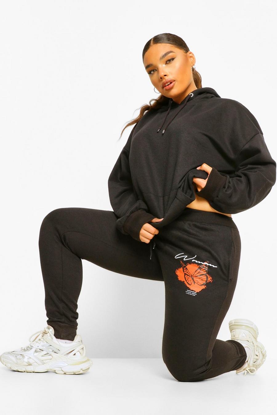 Black Plus Woman Butterfly Back Hoody Tracksuit image number 1