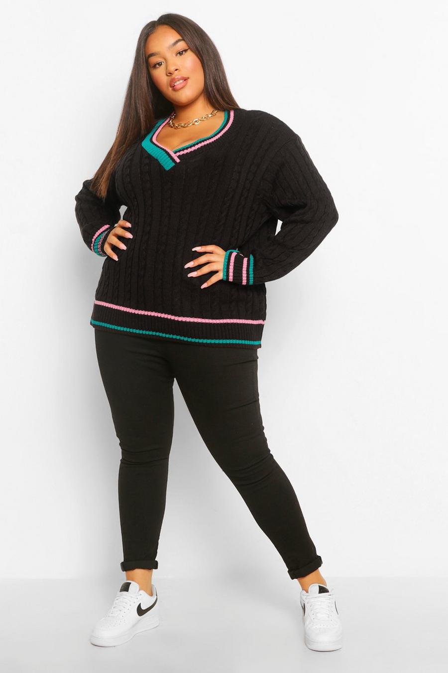 Plus Contrast Stripe V Neck Jumper image number 1