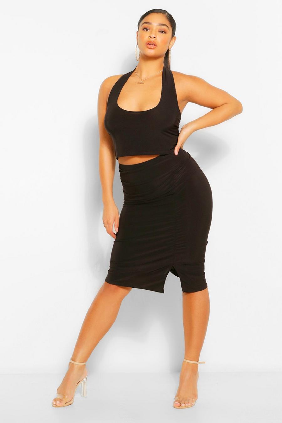 Black Plus Ruched Side Midi Skirt And Cami Co-ord image number 1