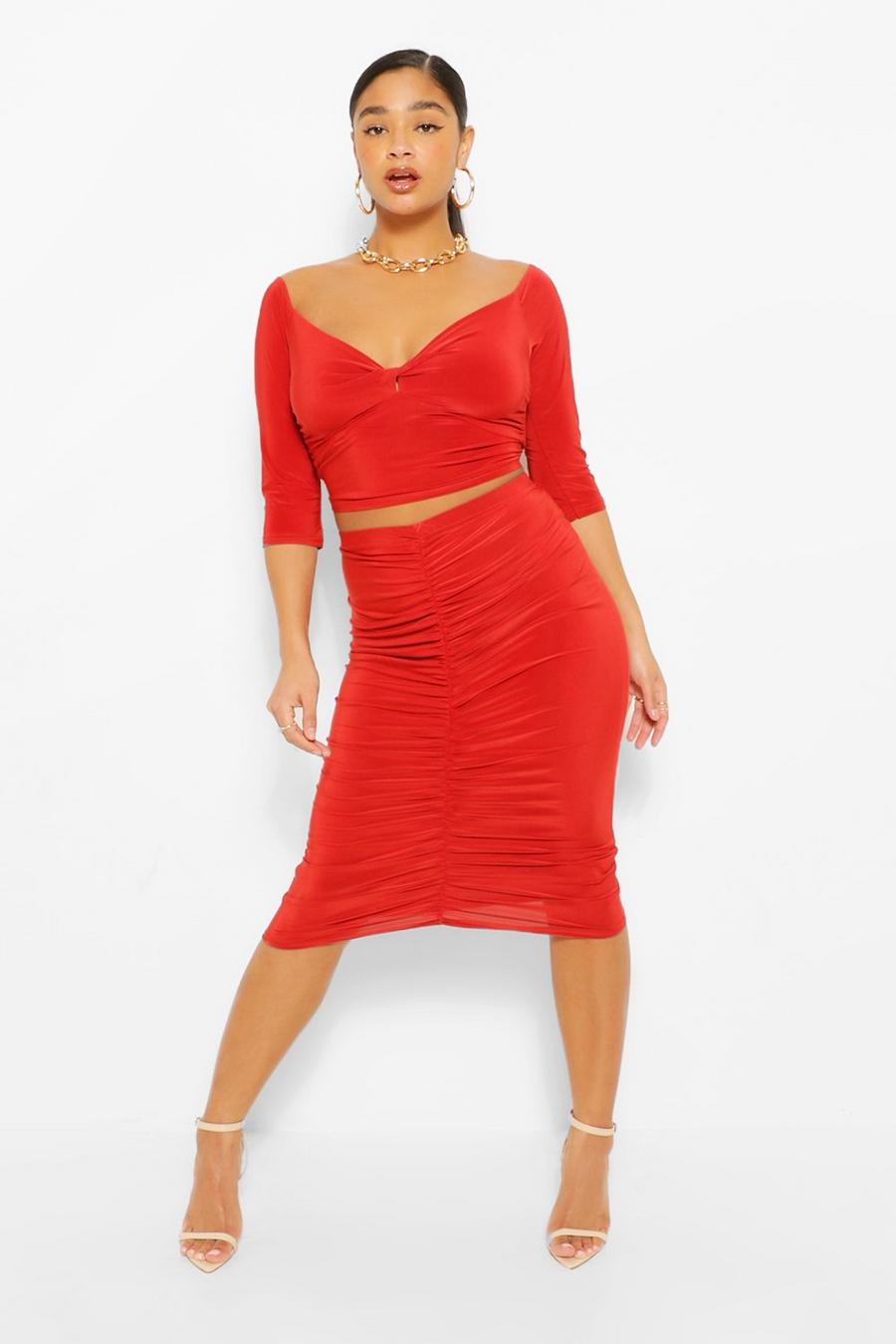 Rust Plus Twist Front Top and Ruched Midi Skirt image number 1