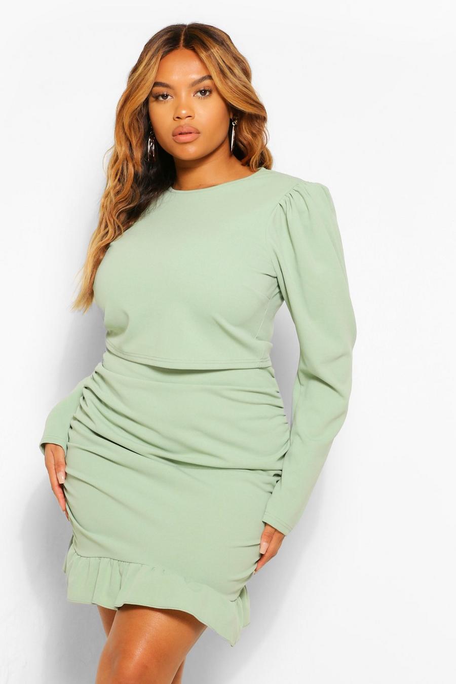 Sage Plus Puff Sleeve And Frill Hem Mini Skirt Two-Piece image number 1