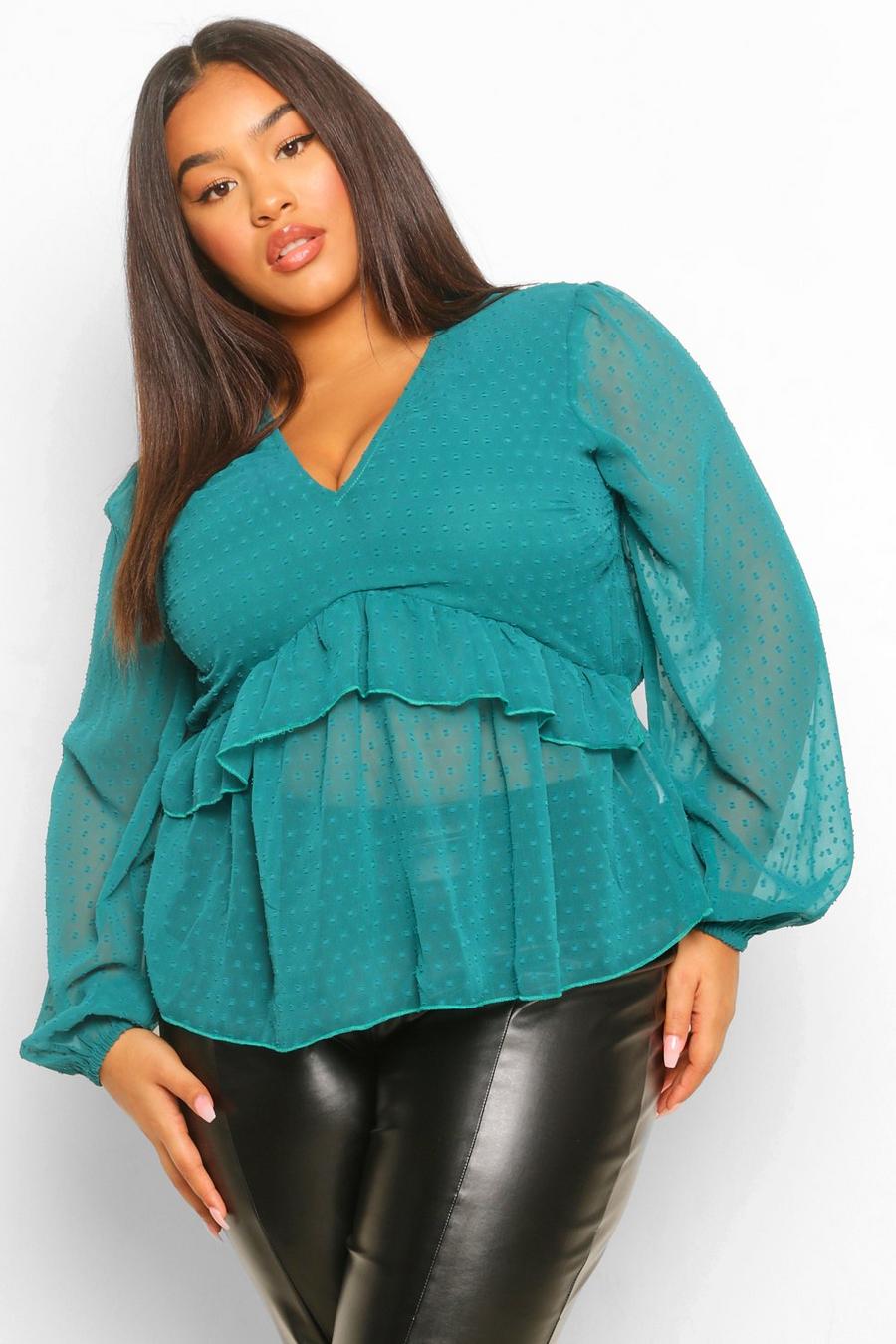 Teal Plus Dobby Mesh Blouse Met Shirtmouwen En Ruches image number 1