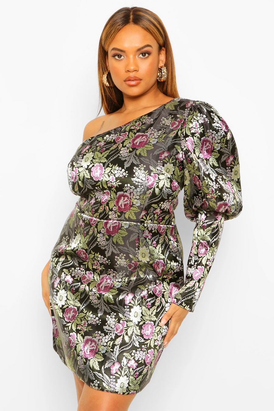Black Plus - One shoulder-klänning i jacquardväv med puffärm image number 1