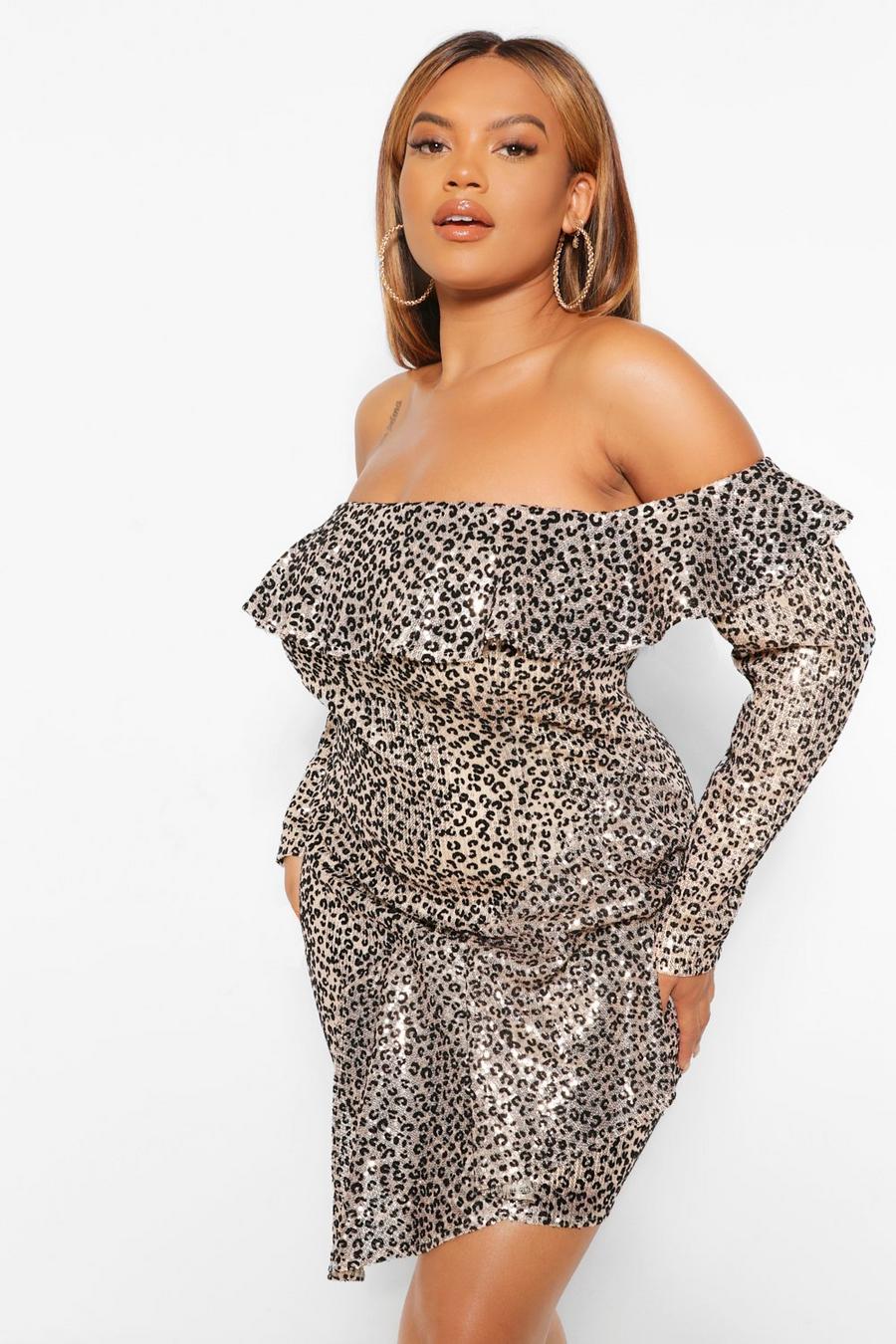 Brown Plus Off The Shoulder Sequin Leopard Mini Dress image number 1
