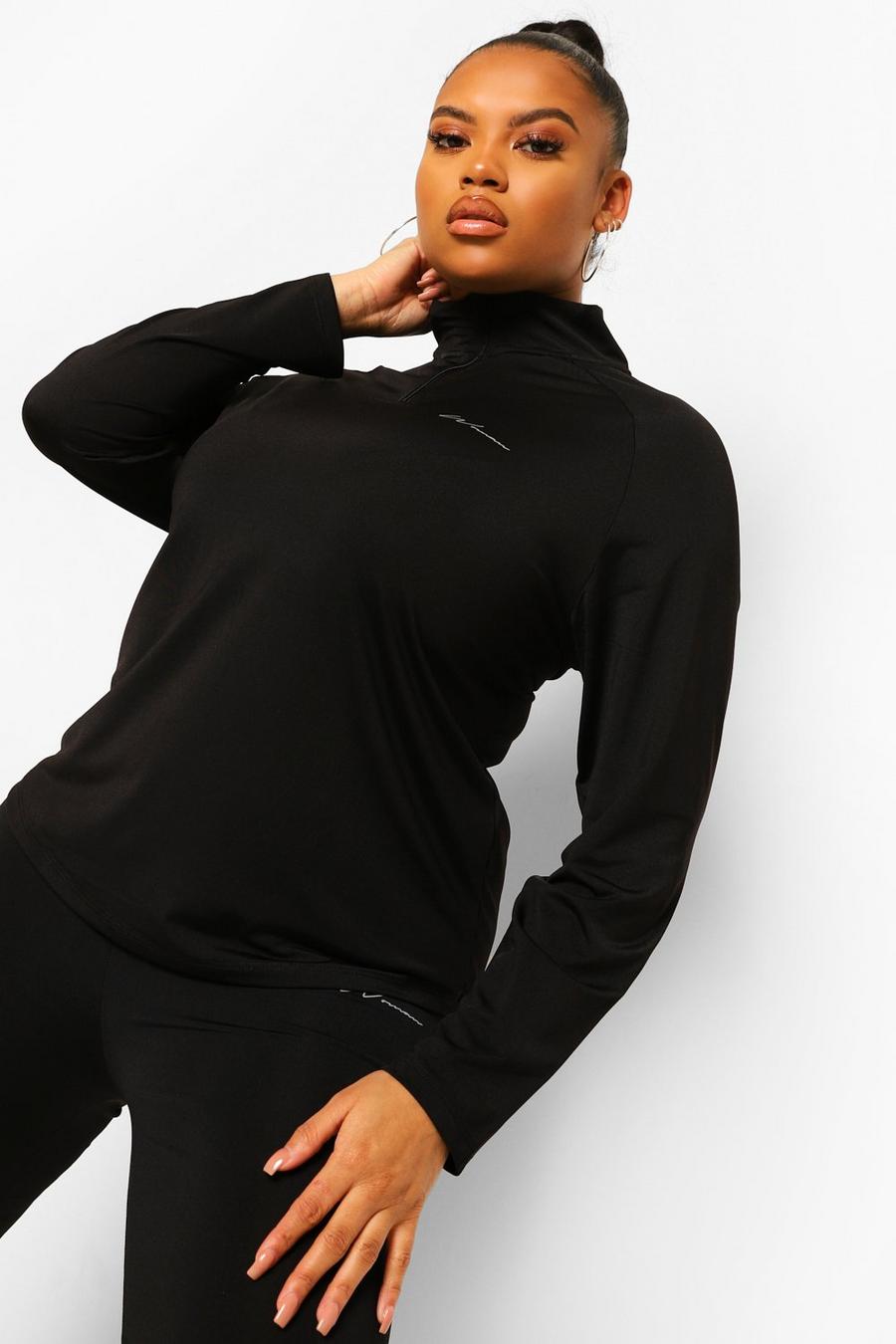 Black svart Plus Activewear 'Woman' Raglan Funnel Neck Gym Top image number 1