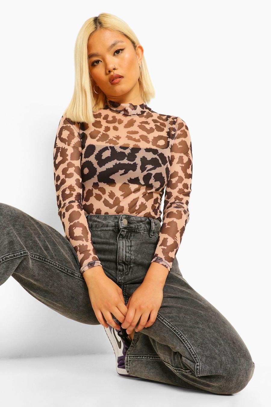 Black Petite Leopard Print Mesh Bodysuit image number 1
