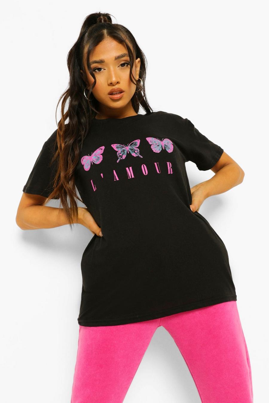 Petite T-Shirt mit Schmetterlingsmuster und „L'Amour“-Slogan, Black image number 1