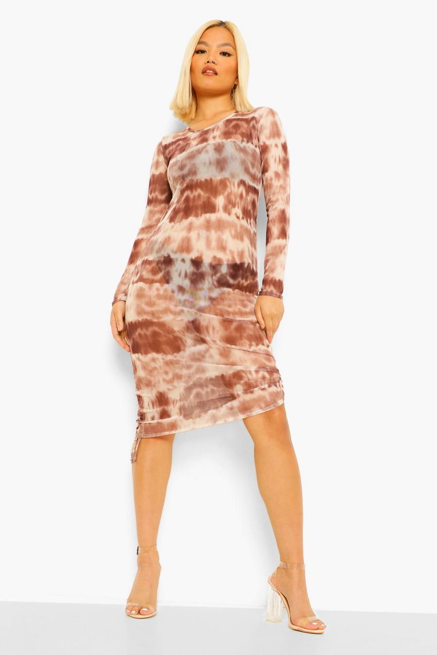 חום שמלה צמודה מבד רשת עם כיווצים בצבעי טאי דיי פטיט image number 1