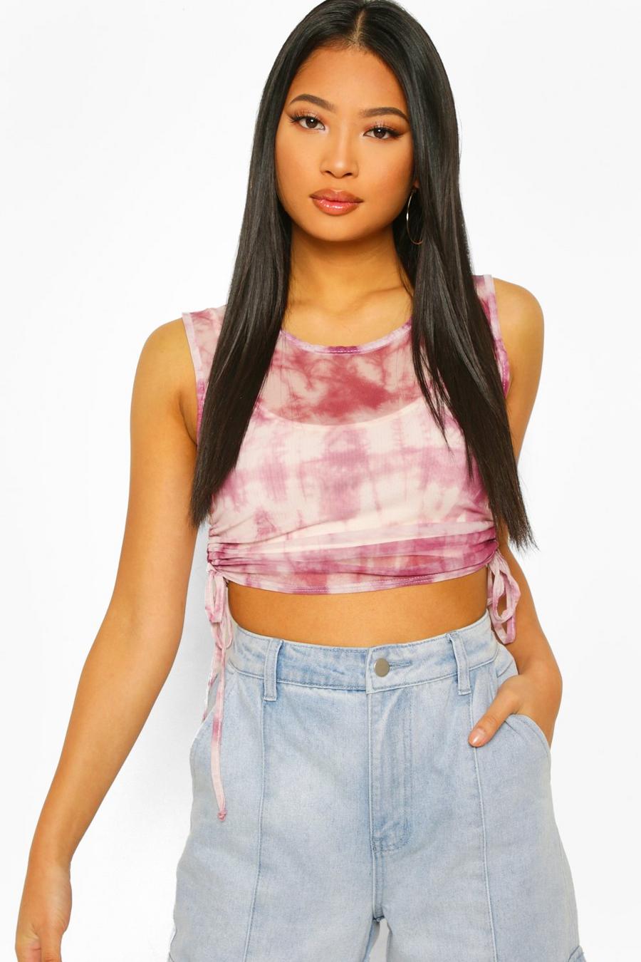 Berry Petite Tie Dye Ruched Mesh Top image number 1
