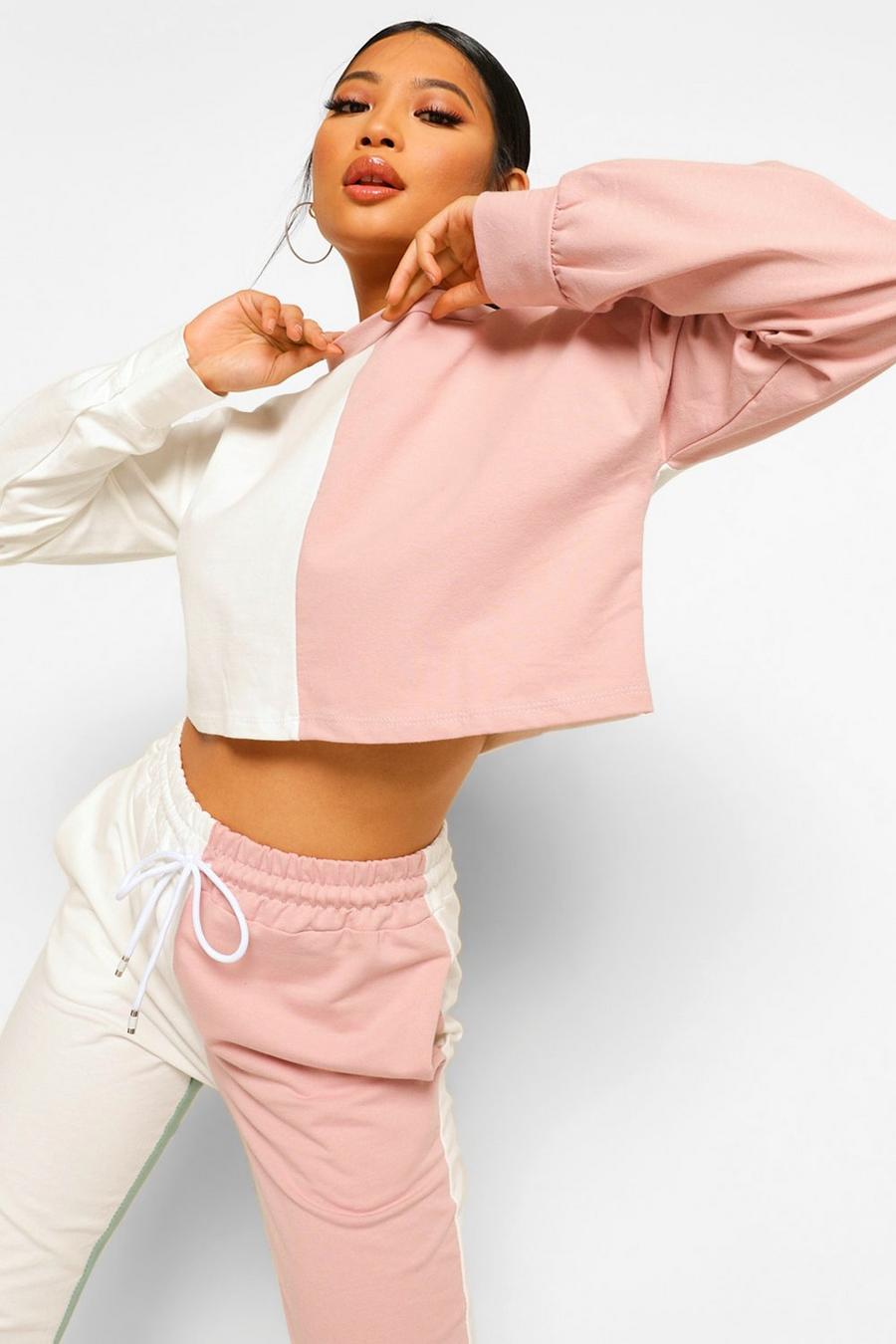 White Petite Color Block Cropped Sweat Shirt image number 1
