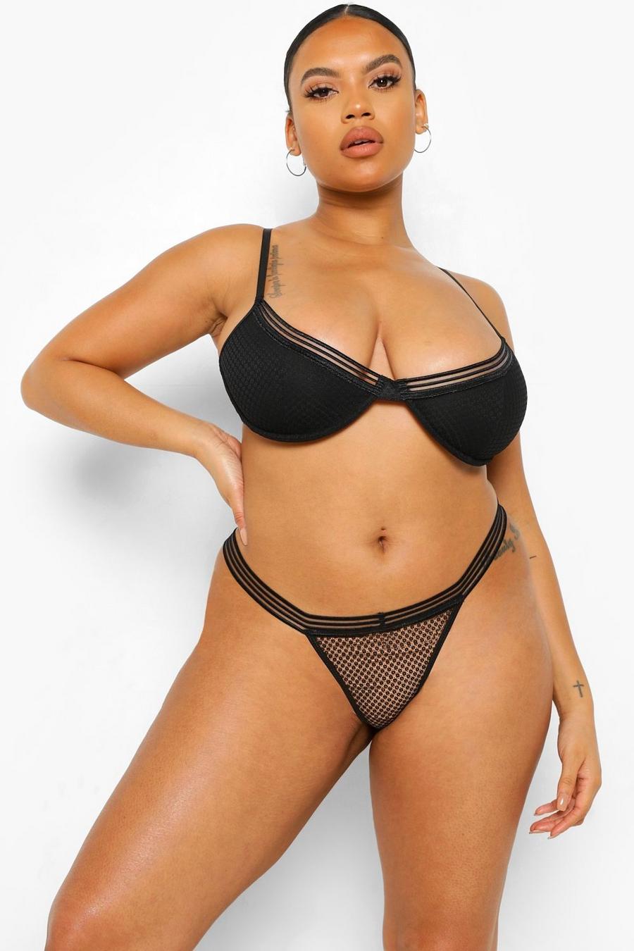 Black Plus Mesh Bra And Pantie Set image number 1