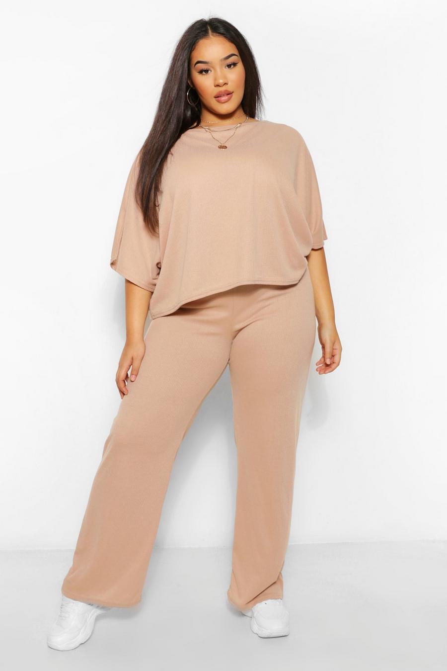 Plus Split Sleeve and Wide Leg Trousers Lounge Set image number 1