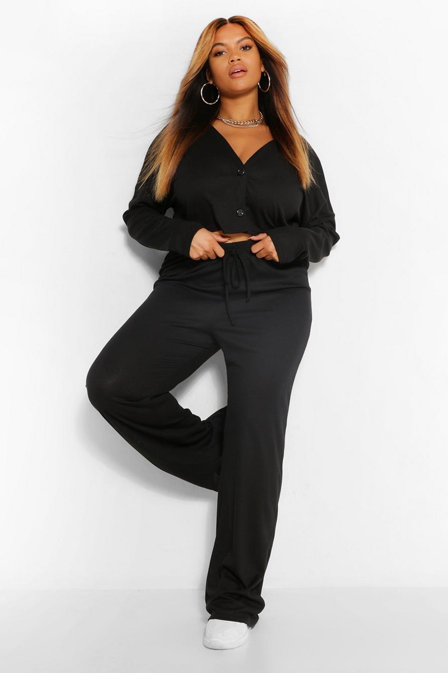 Black Plus Button Front Cardigan and Trouser Lounge Set image number 1