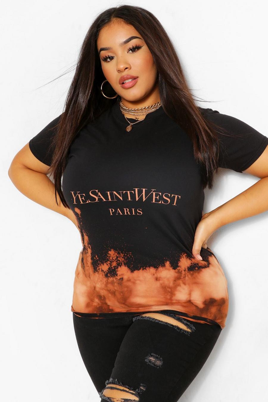 Plus - "Saint West" T-shirt med blekt batikmönster och slogan image number 1