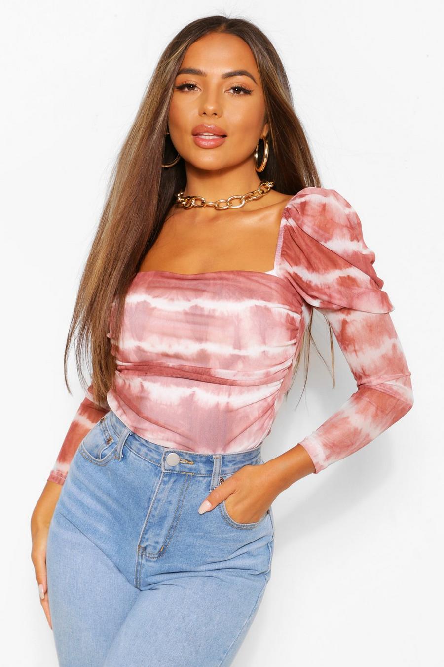 Rust Petite Tie Dye Mesh Volume Sleeve Ruched Bodysuit image number 1