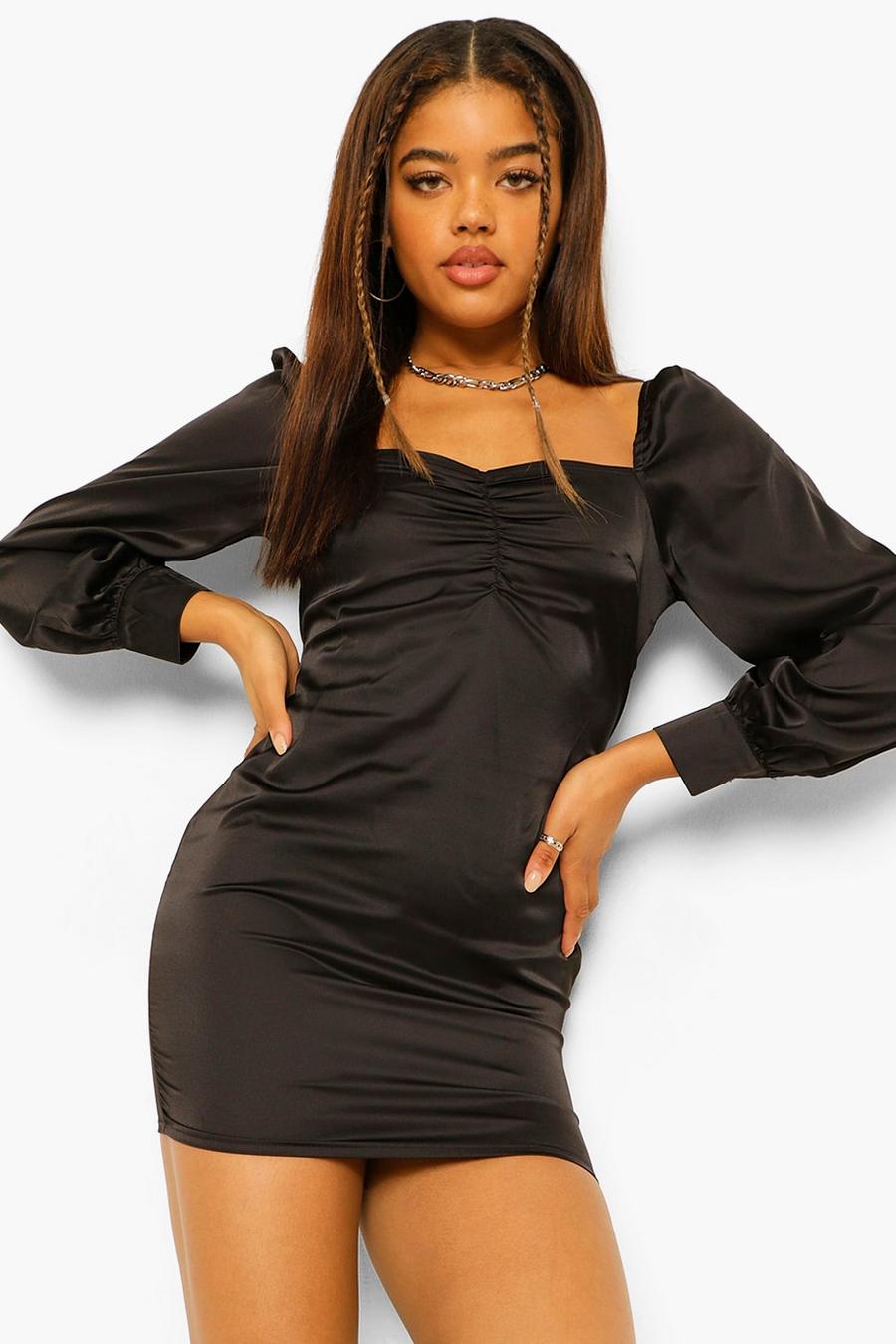 Black Petite Satin Puff Sleeve Ruched Front Dress image number 1