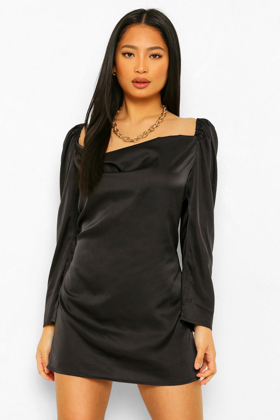 Black Petite Long Sleeve Cowl Neck Dress image number 1