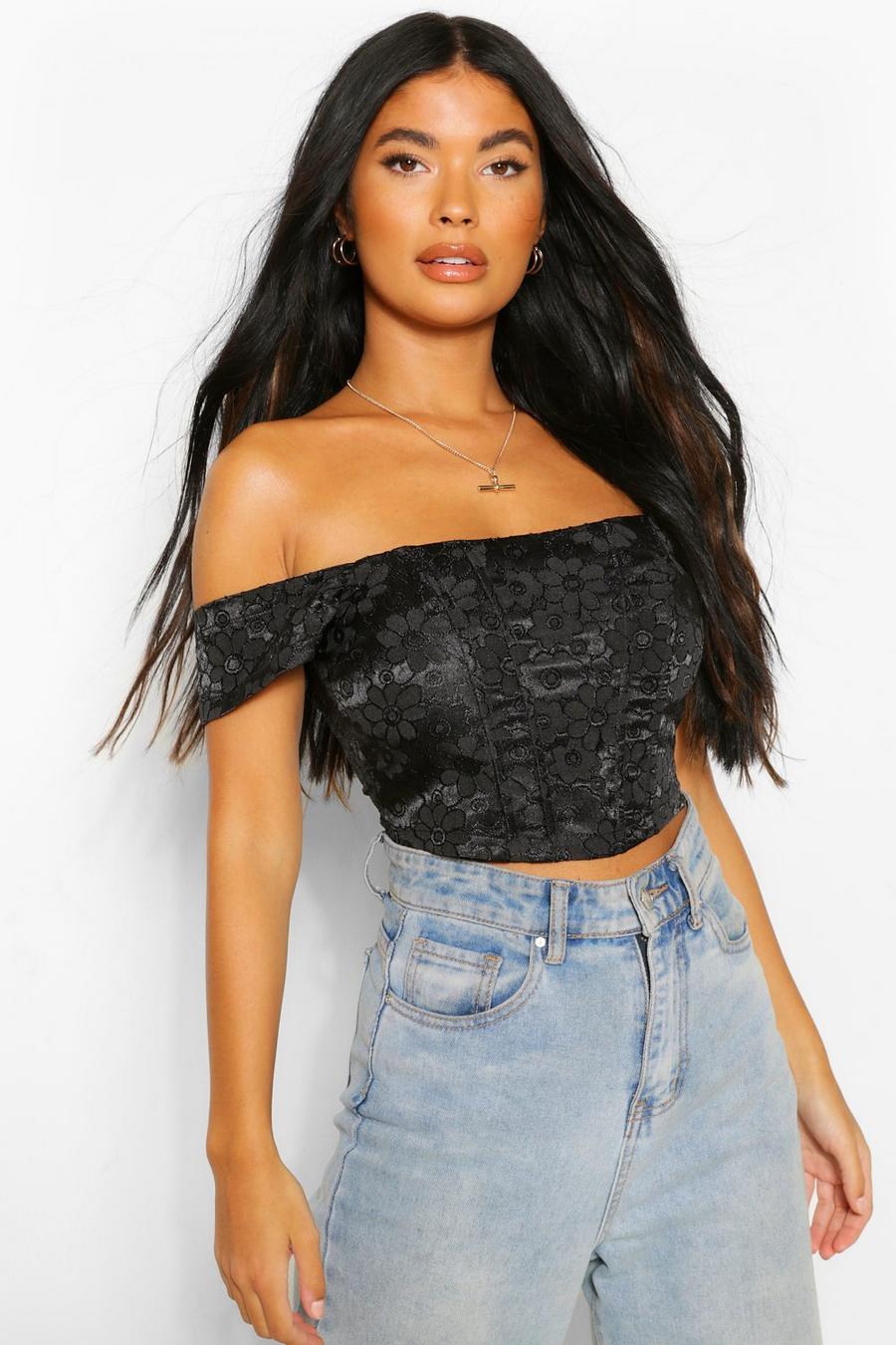 Black Petite Satin Embroidered Draped Crop Top image number 1