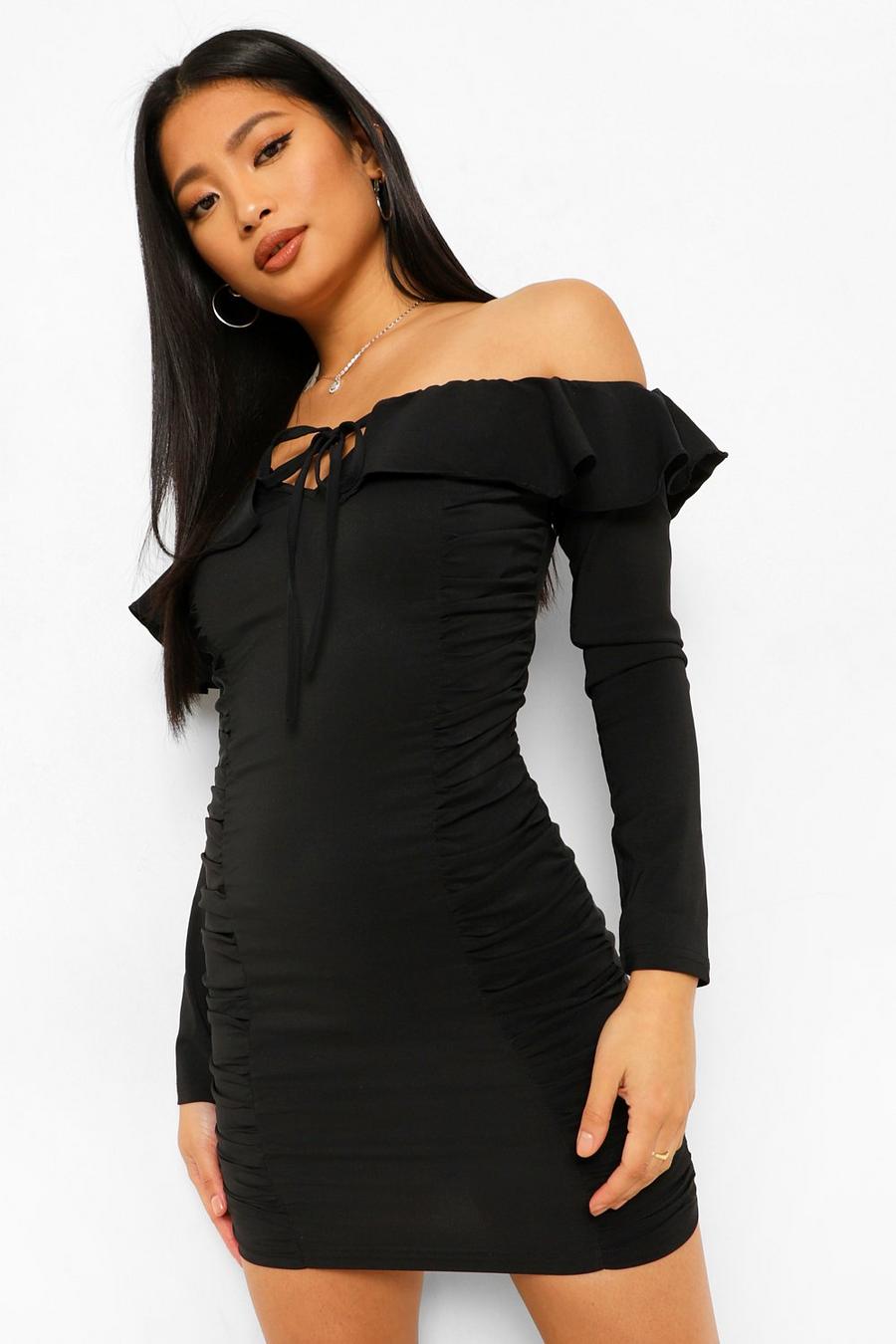 שחור שמלת מיני עם כיווצים בעיטור מלמלה פטיט image number 1