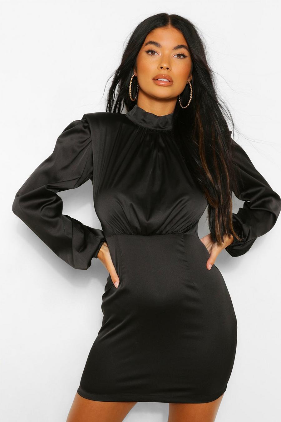 שחור שמלת מיני מסאטן עם רפידות כתף וצווארון גבוה פטיט image number 1