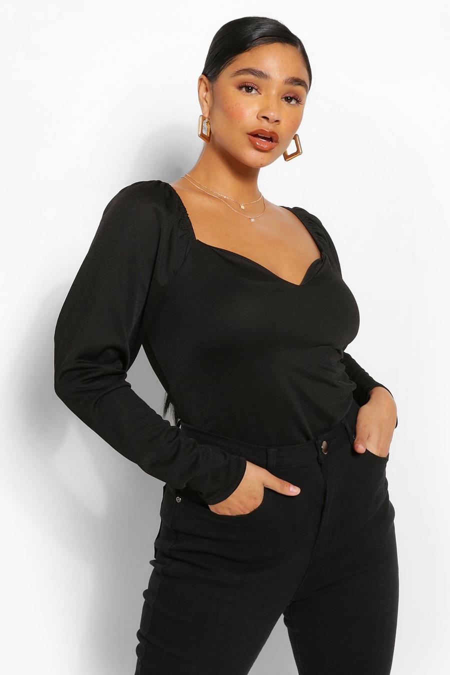 Black Plus Puff Sleeve Sweetheart Neck Fitted Top image number 1
