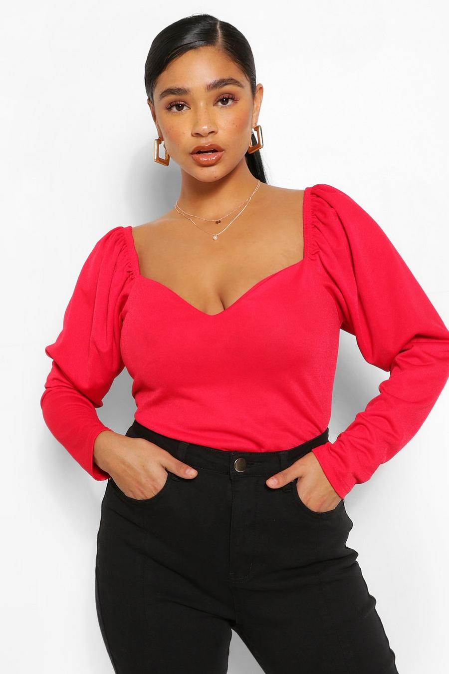 Red Plus Puff Sleeve Sweetheart Neck Fitted Top image number 1