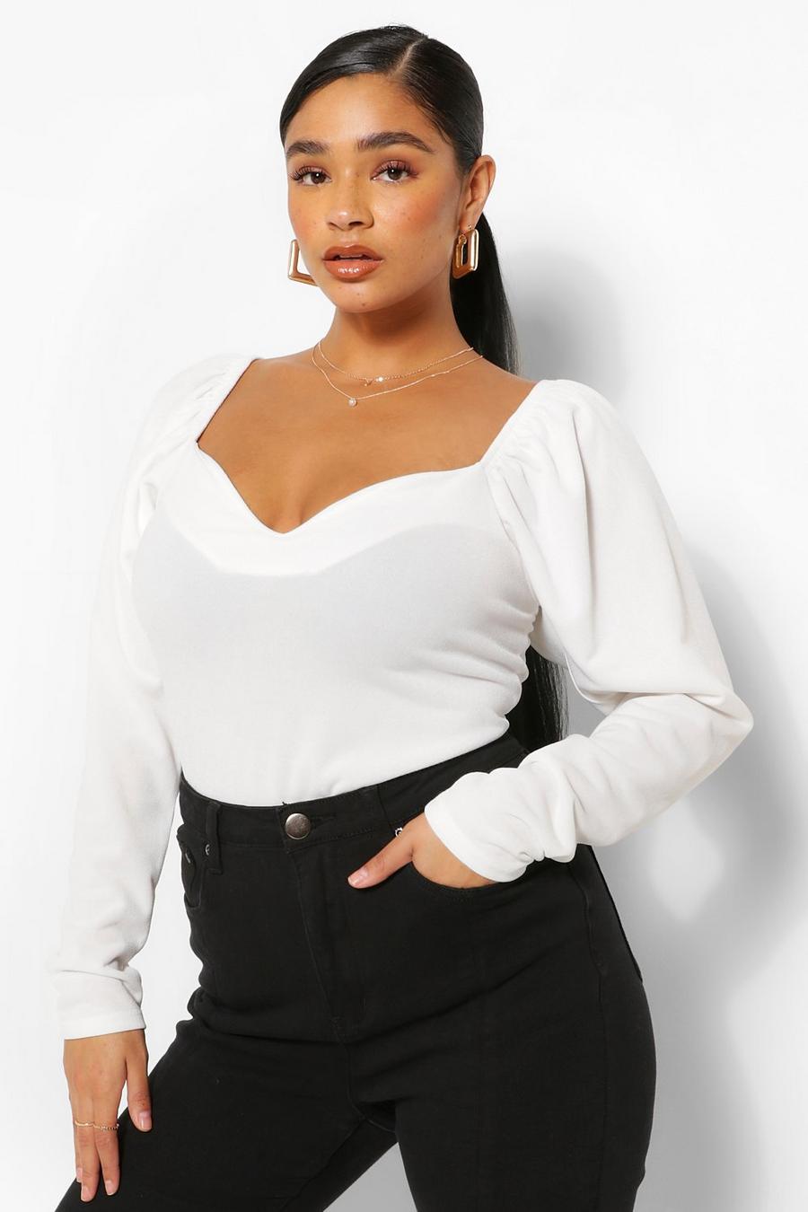 White Plus Puff Sleeve Sweetheart Neck Fitted Top image number 1
