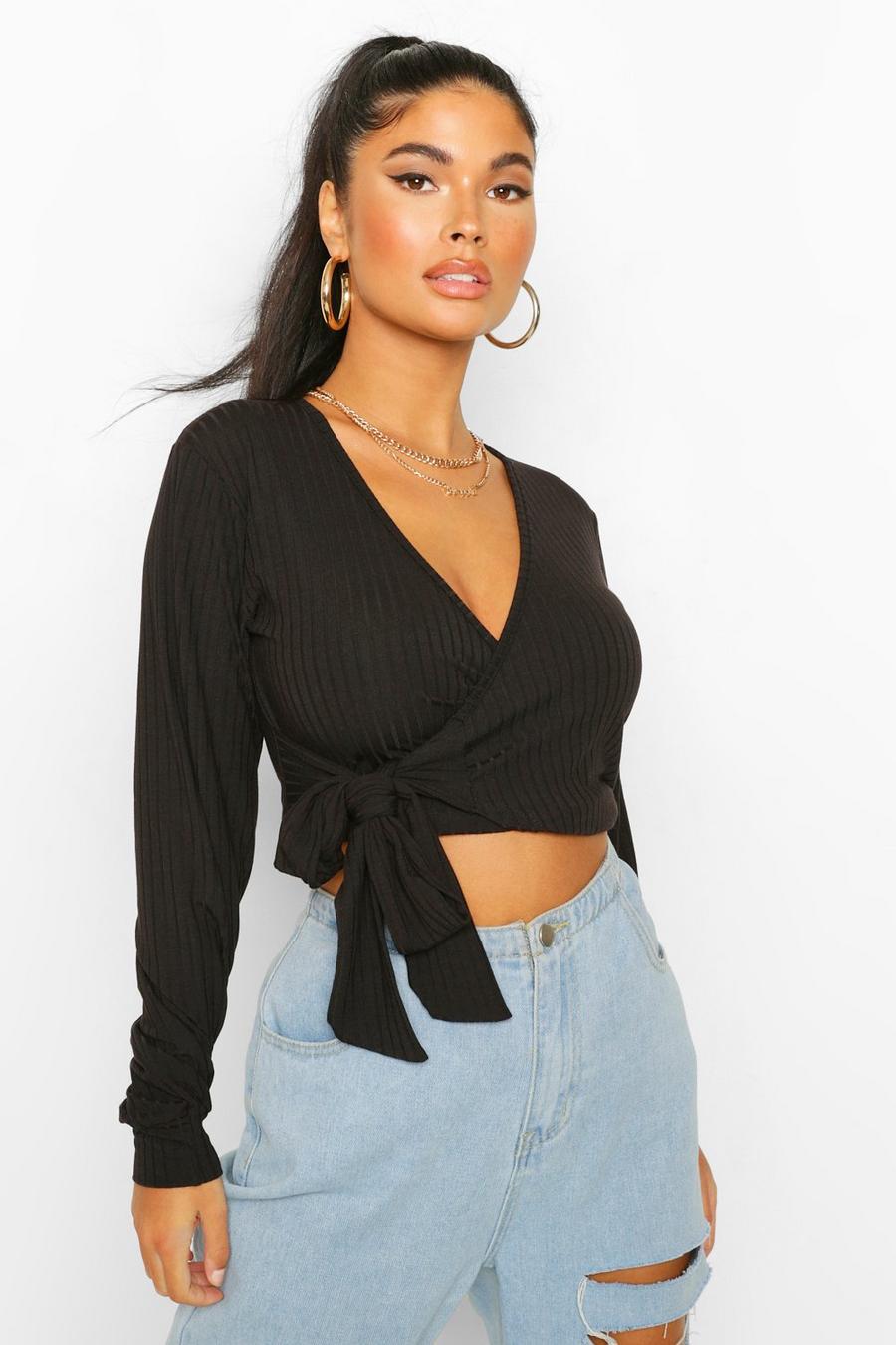 Black Petite Soft Rib Knitted Belted Wrap Top image number 1