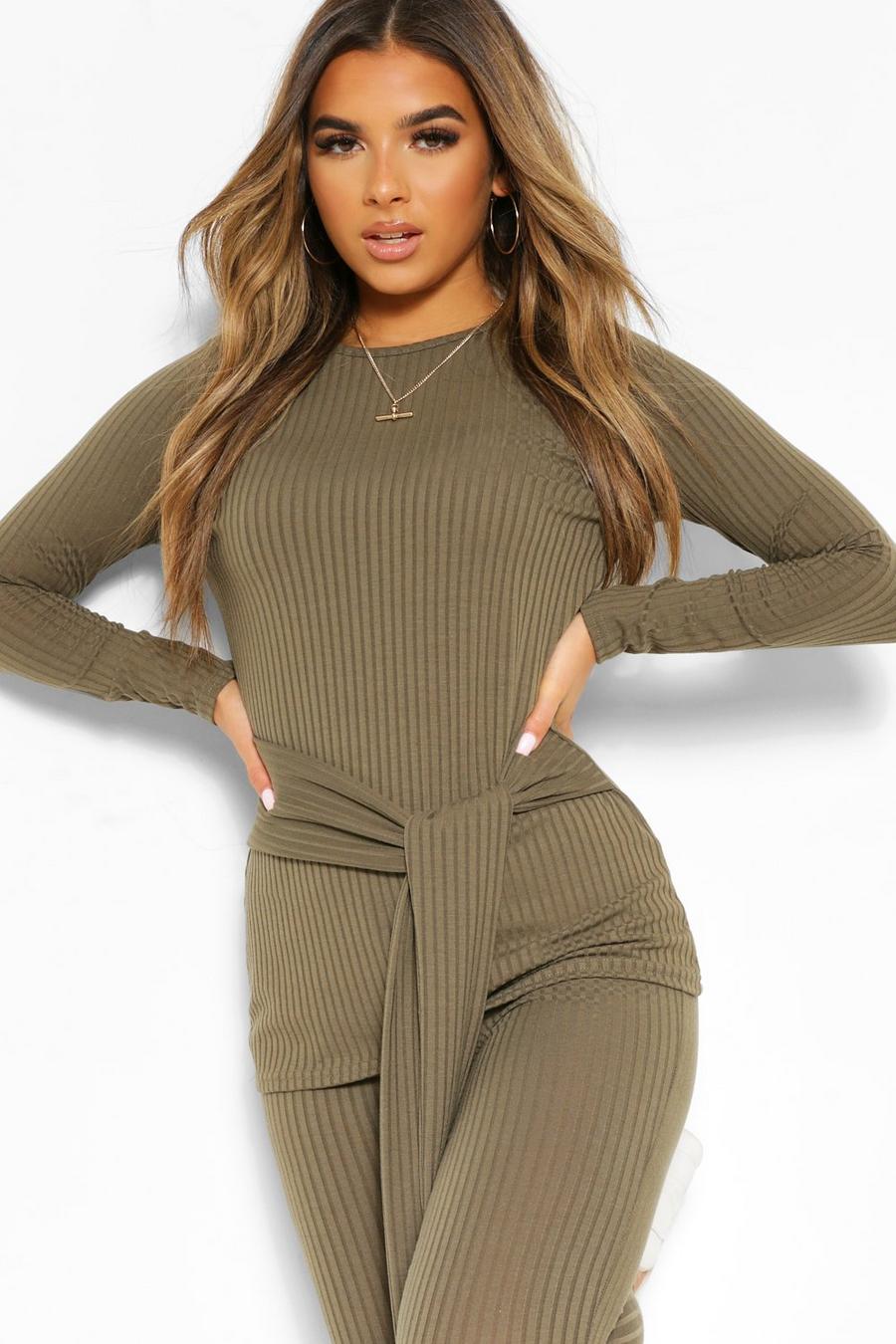 Khaki Petite Knitted Rib Belted Top and Leggings image number 1