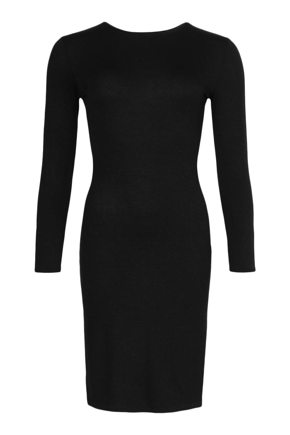 Petite Black Ribbed Longsleeve Split Dress