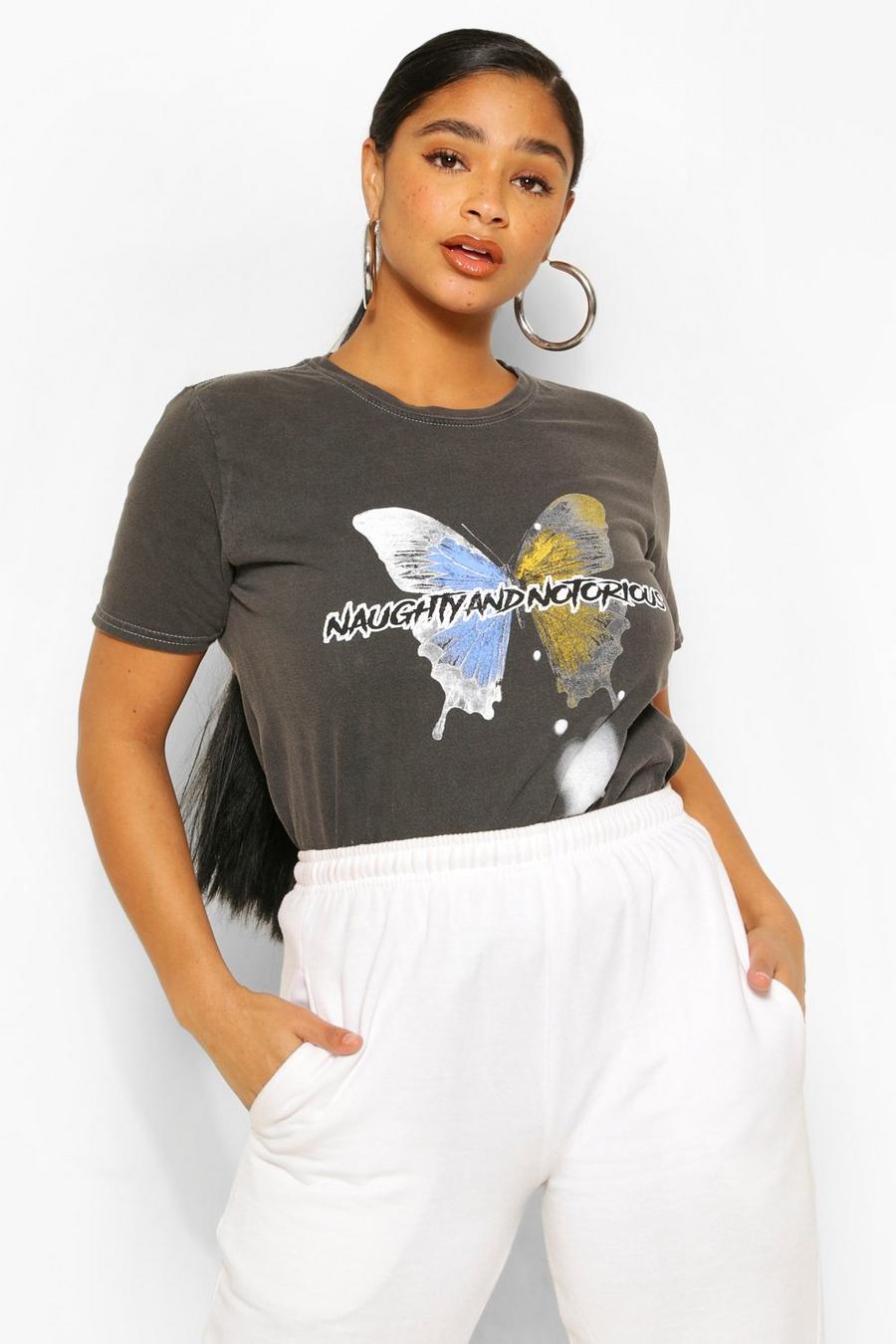 Grey Petite Acid Wash Butterfly Graphic T-Shirt image number 1
