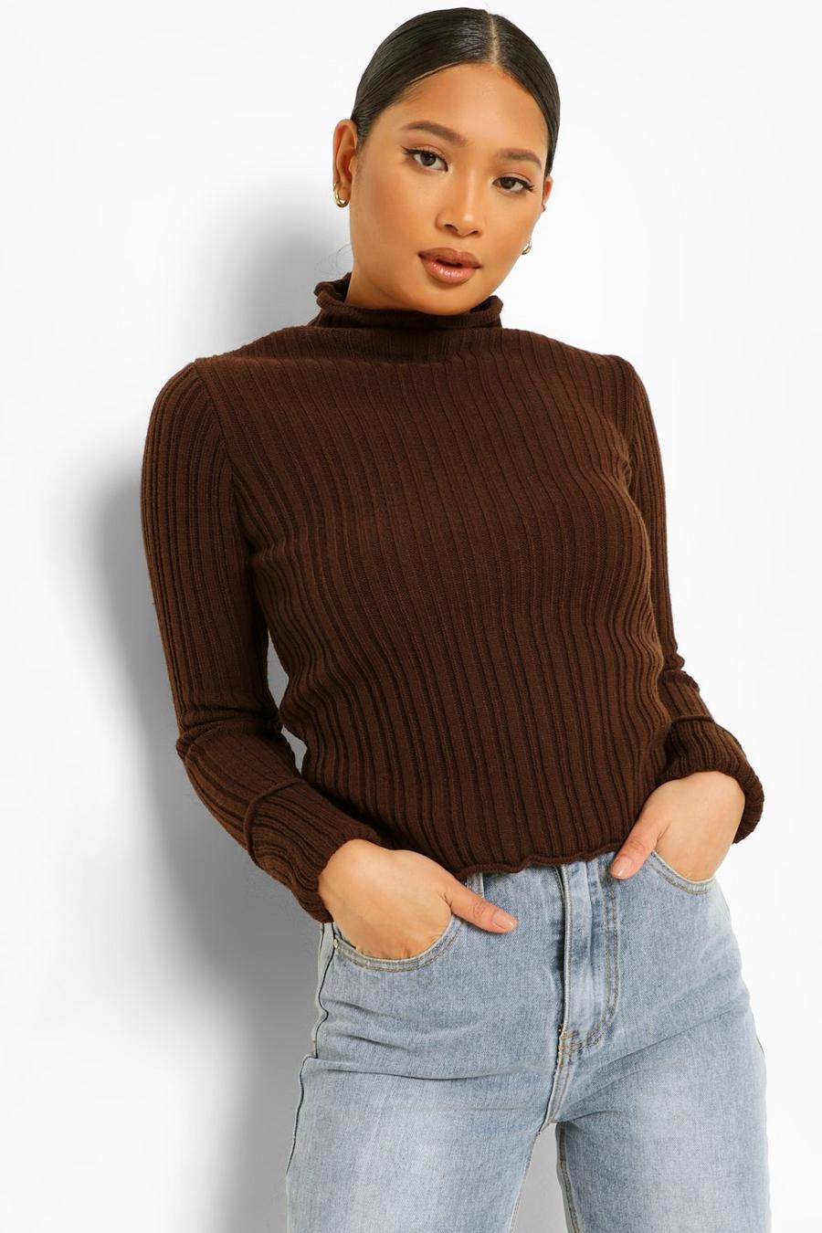Chocolate Petite Knitted Lettuce Hem High Neck Top image number 1