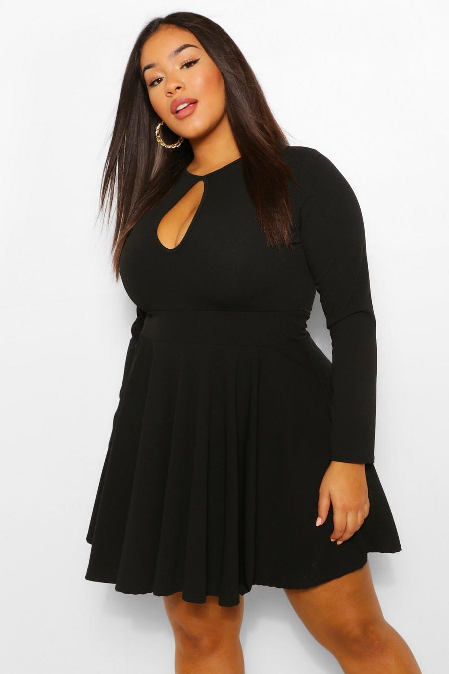 שחור שמלת סקייטר שרוול ארוך עם מחשוף "טיפה" מידות גדולות image number 1