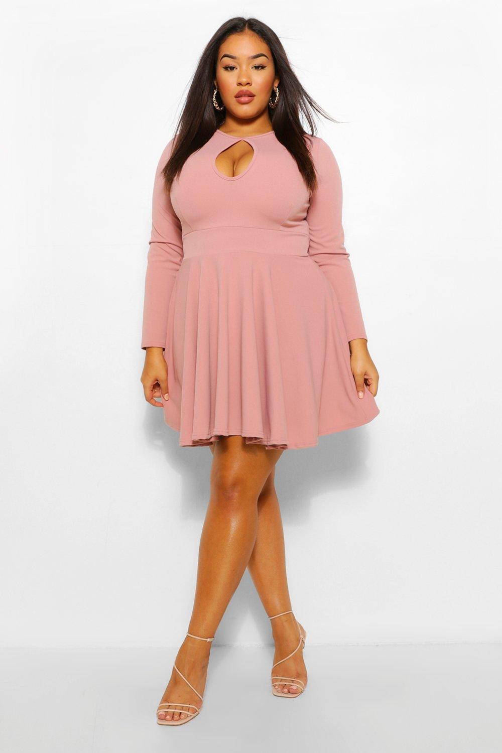 Plus Keyhole Long Sleeve Skater Dress