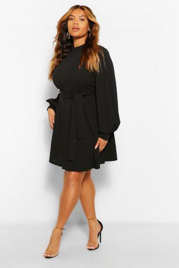 Plus High Neck Blouson Sleeve Skater Dress black